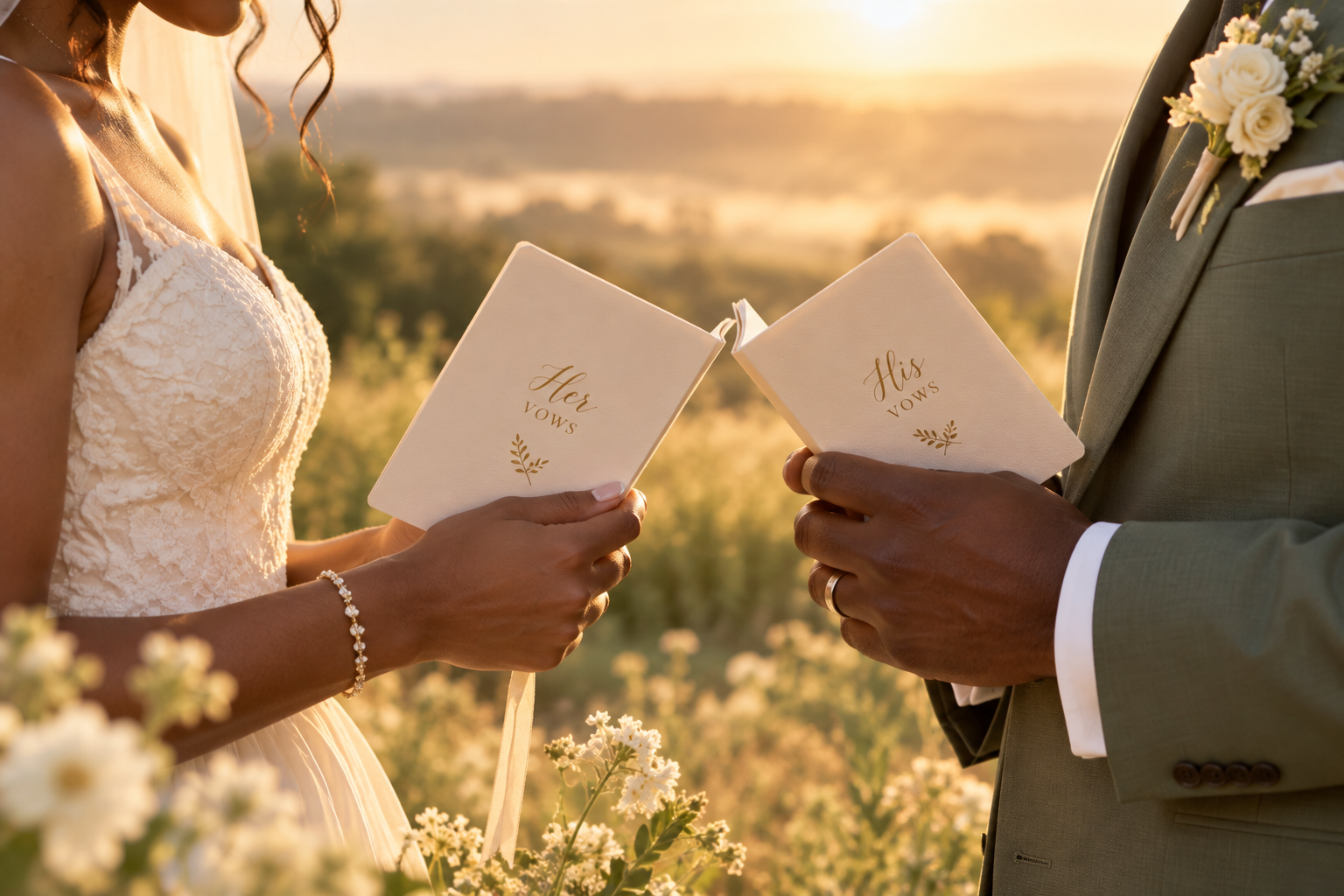 Couple holding keepsake vow books during a sunrise wedding ceremony