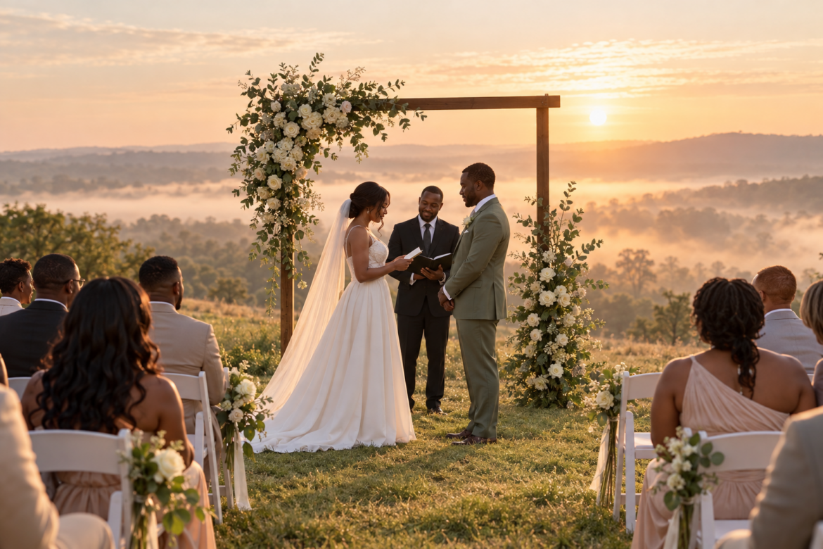Couple exchanging vows at a sunrise wedding ceremony on a misty hillside