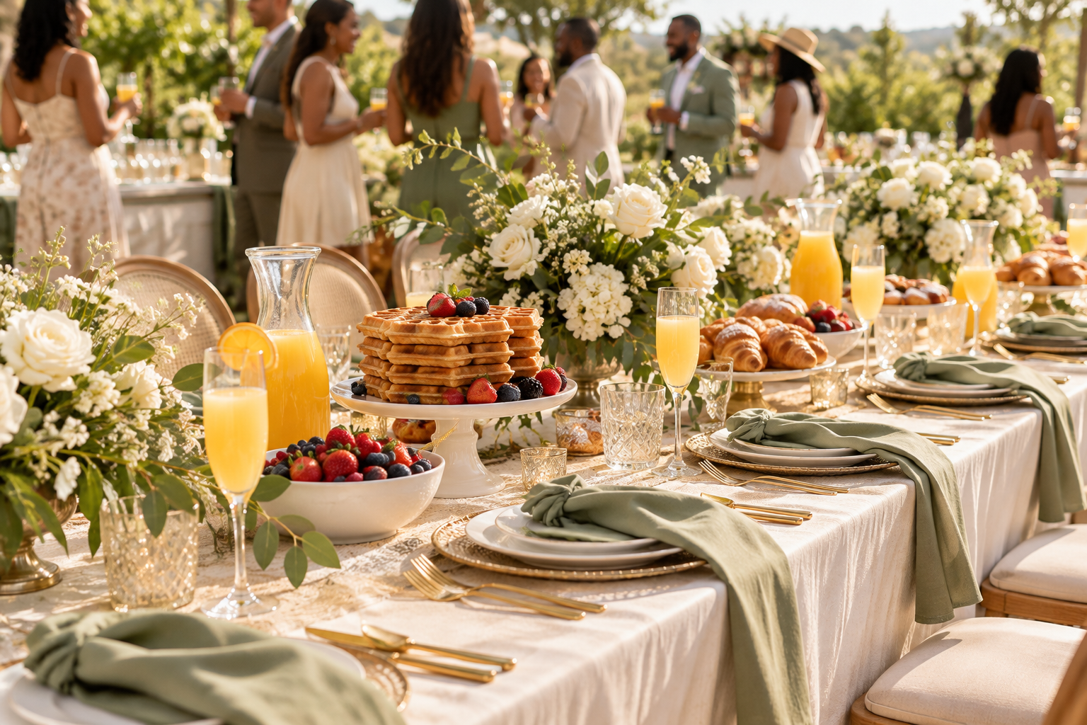 Brunch reception table with waffles and flowers after a sunrise wedding ceremony