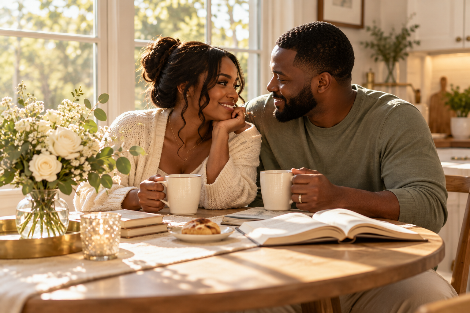 Newlywed couple sharing morning coffee after their sunrise wedding ceremony